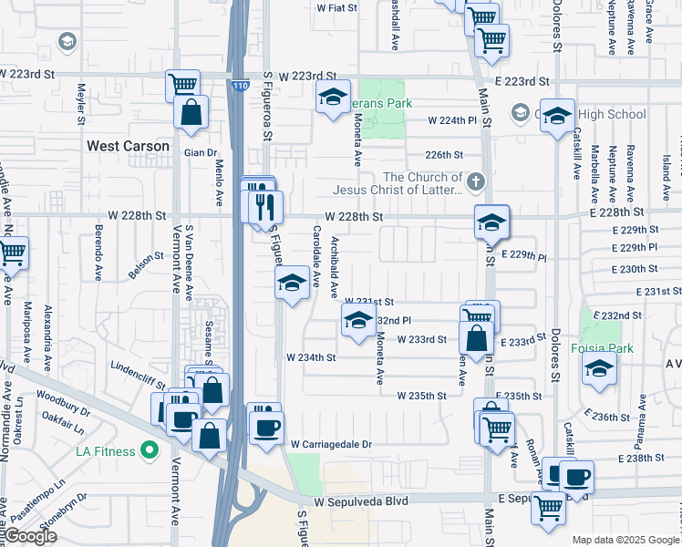 map of restaurants, bars, coffee shops, grocery stores, and more near 23054 Archibald Avenue in Carson