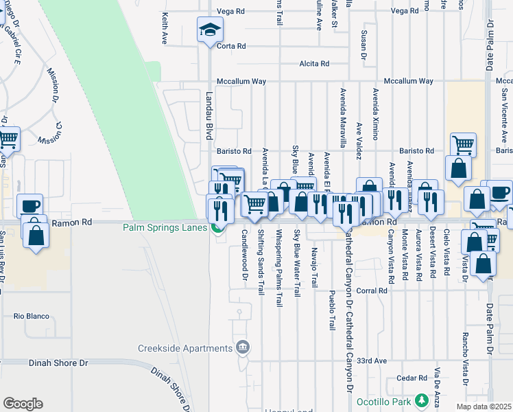 map of restaurants, bars, coffee shops, grocery stores, and more near 31890 Avenida La Paloma in Cathedral City