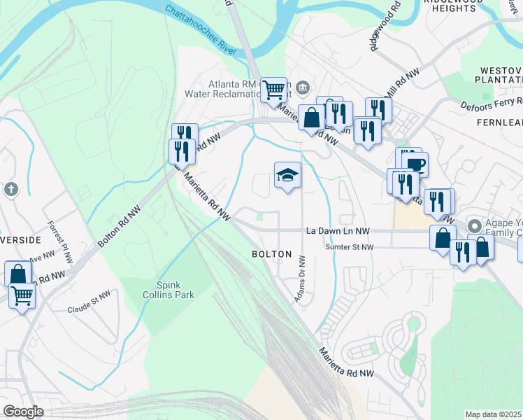 map of restaurants, bars, coffee shops, grocery stores, and more near 2239 Harry Brooks Drive North West in Atlanta