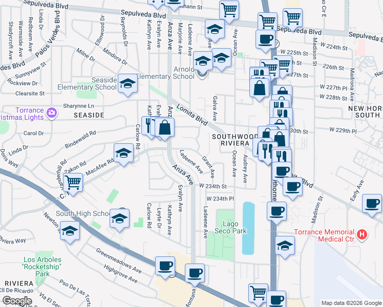 map of restaurants, bars, coffee shops, grocery stores, and more near 4202 Calle Mayor in Torrance