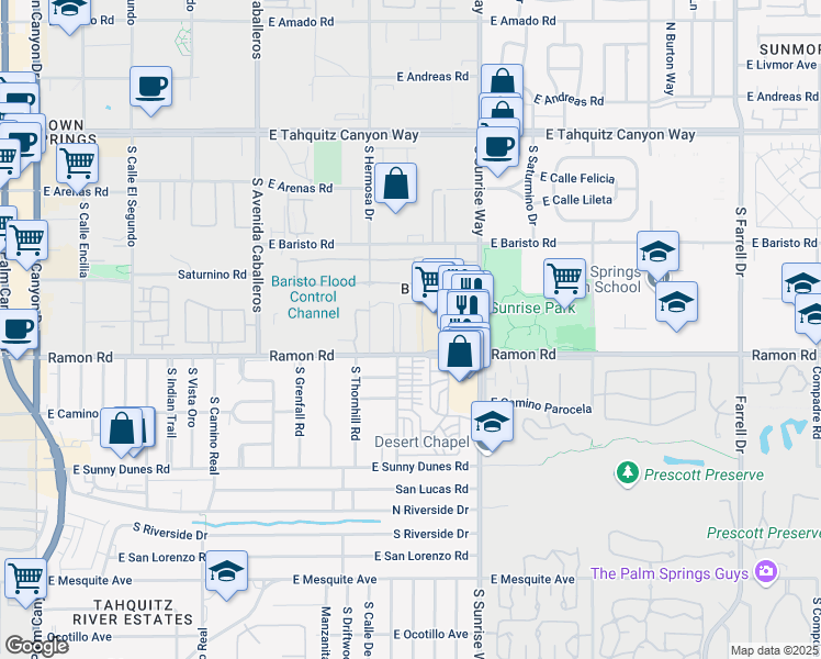 map of restaurants, bars, coffee shops, grocery stores, and more near 1488 Ramon Road in Palm Springs