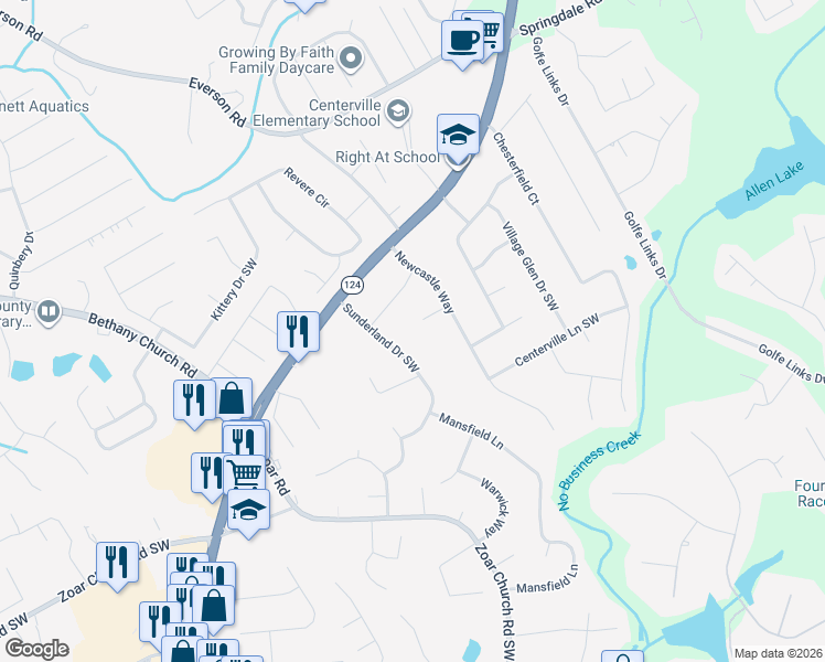 map of restaurants, bars, coffee shops, grocery stores, and more near 3544 Exeter Court in Snellville