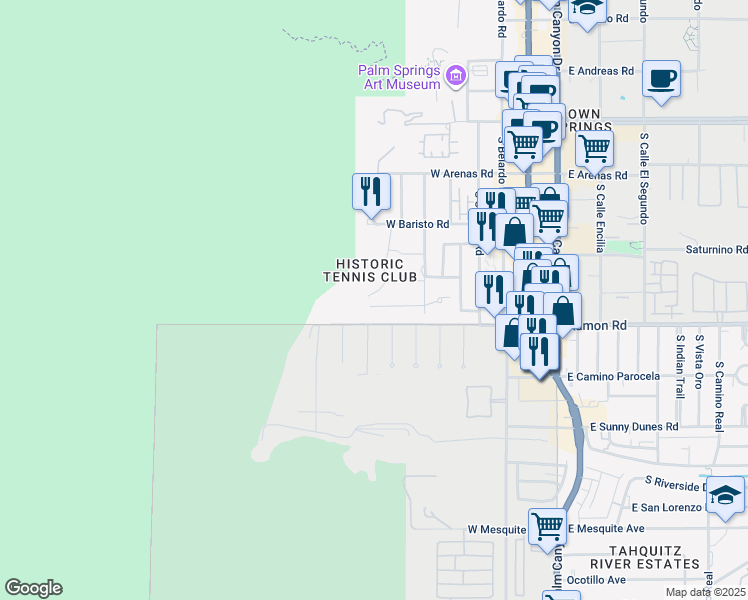 map of restaurants, bars, coffee shops, grocery stores, and more near 650 West Linda Vista Drive in Palm Springs