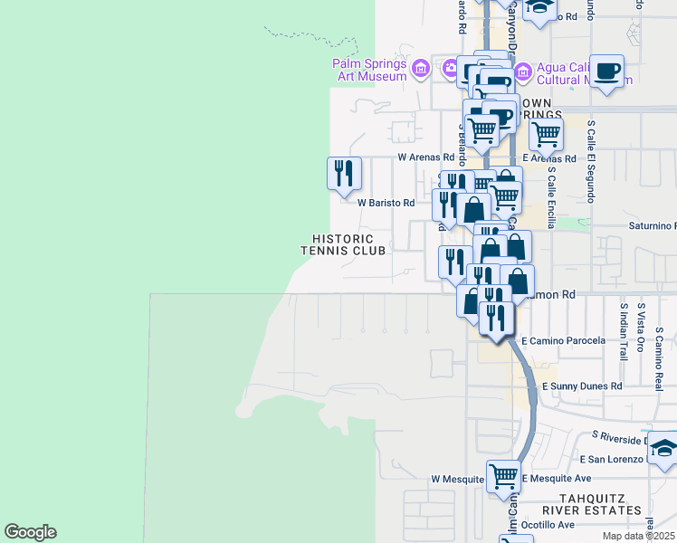 map of restaurants, bars, coffee shops, grocery stores, and more near 700 West Ramon Road in Palm Springs