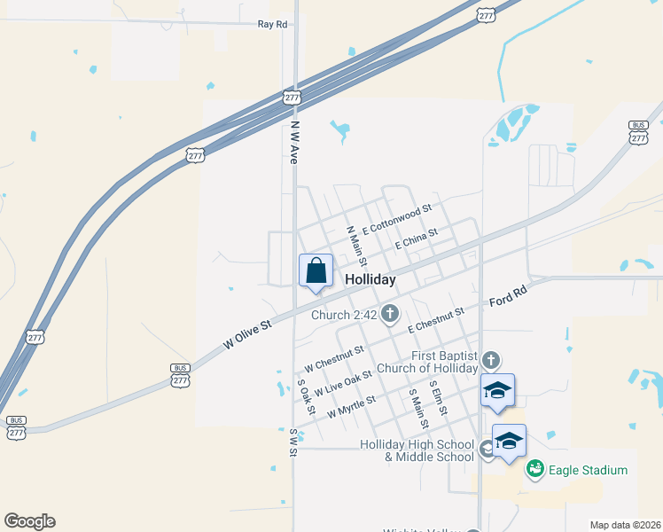 map of restaurants, bars, coffee shops, grocery stores, and more near 206 West Olive Street in Holliday