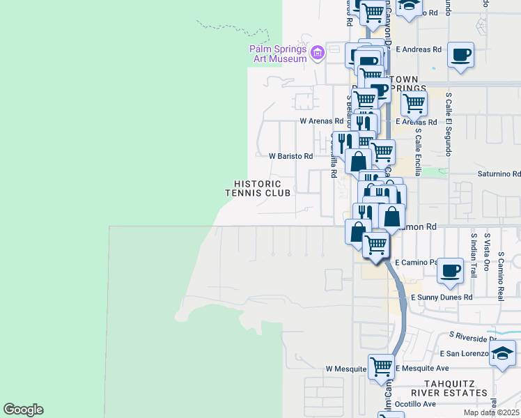 map of restaurants, bars, coffee shops, grocery stores, and more near 650 West Linda Vista Drive in Palm Springs