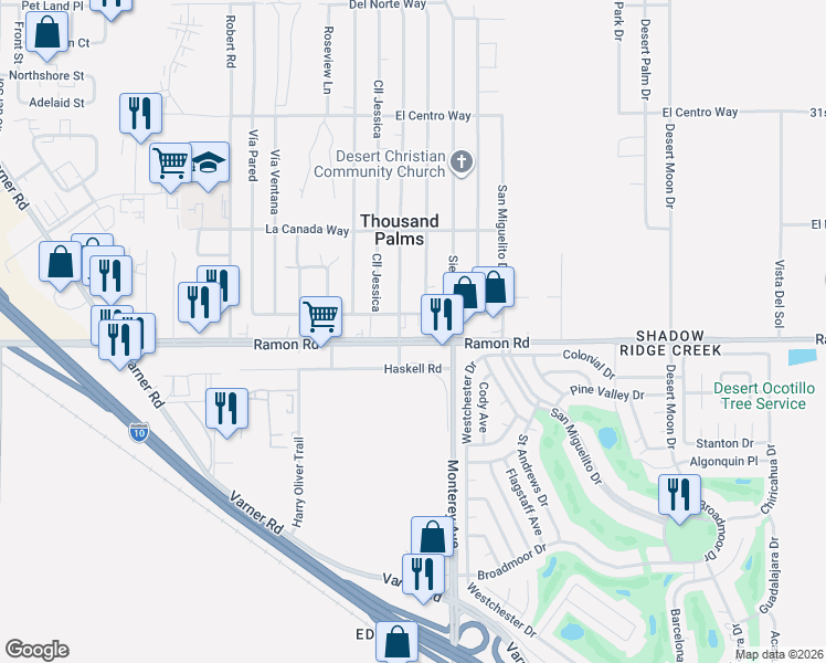 map of restaurants, bars, coffee shops, grocery stores, and more near 72921 Ramon Road in Thousand Palms