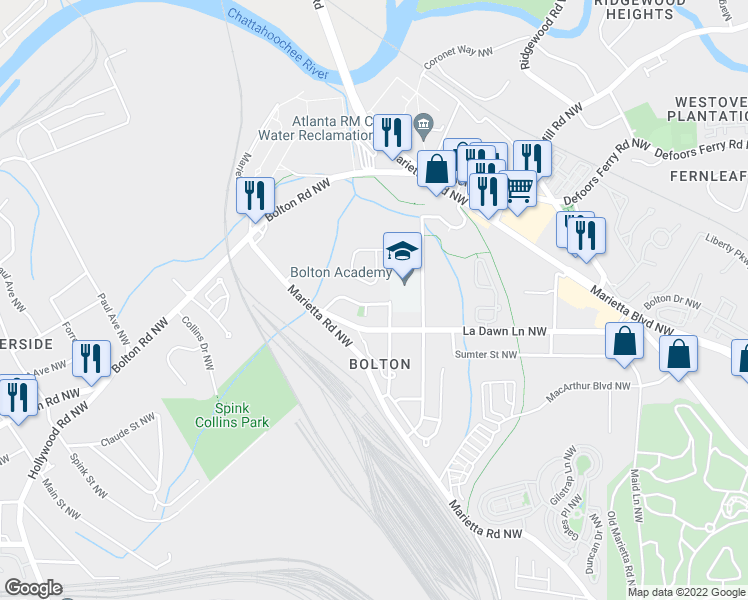 map of restaurants, bars, coffee shops, grocery stores, and more near 2145 La Dawn Lane Northwest in Atlanta