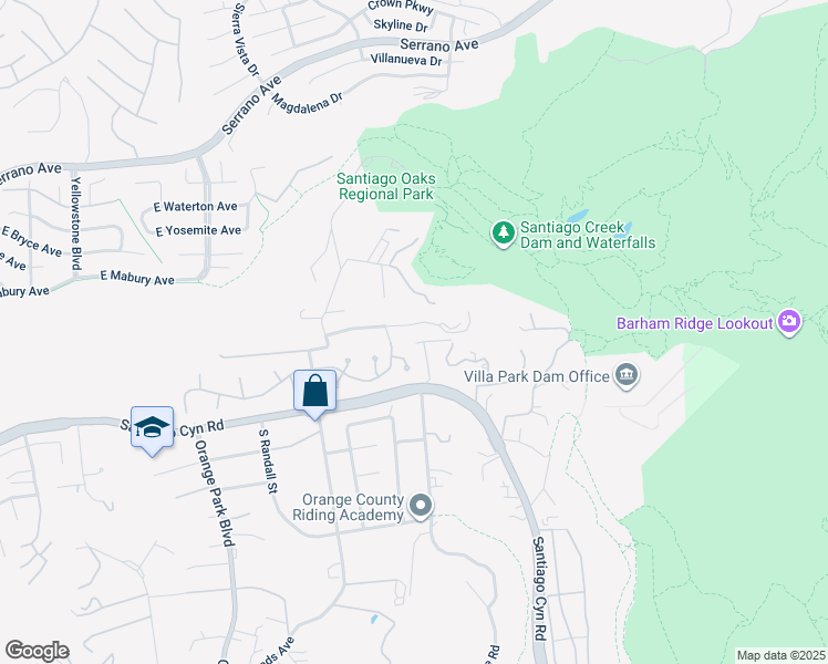 map of restaurants, bars, coffee shops, grocery stores, and more near 7332 East Grovewood Lane in Orange