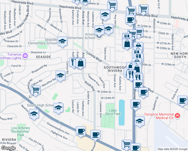 map of restaurants, bars, coffee shops, grocery stores, and more near 4202 Calle Mayor in Torrance