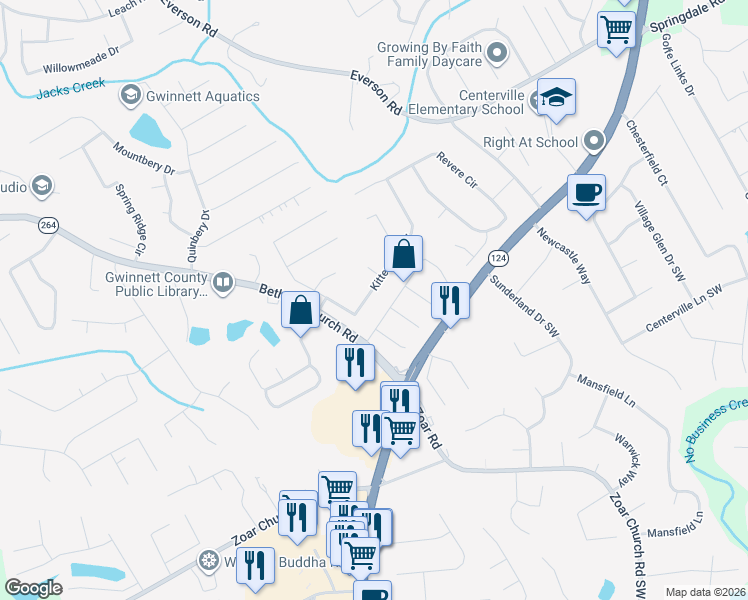 map of restaurants, bars, coffee shops, grocery stores, and more near 3212 Kittery Drive Southwest in Snellville