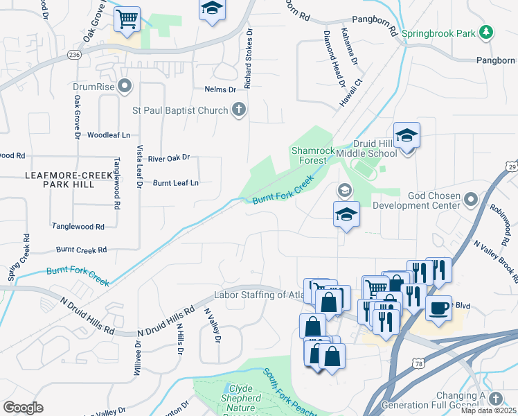 map of restaurants, bars, coffee shops, grocery stores, and more near 2545 Laurel Ridge Drive in Decatur