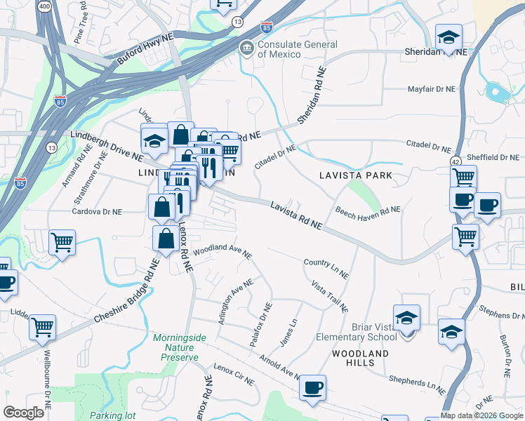 map of restaurants, bars, coffee shops, grocery stores, and more near 1261 Lavista Road Northeast in Atlanta
