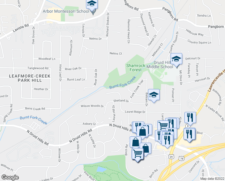 map of restaurants, bars, coffee shops, grocery stores, and more near 2550 Laurel Ridge Drive in Decatur