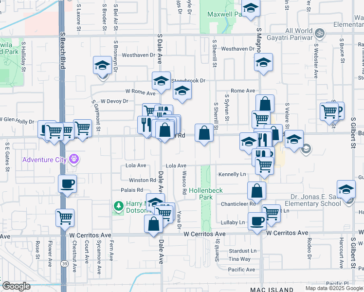 map of restaurants, bars, coffee shops, grocery stores, and more near 1220 Sharon Circle in Anaheim