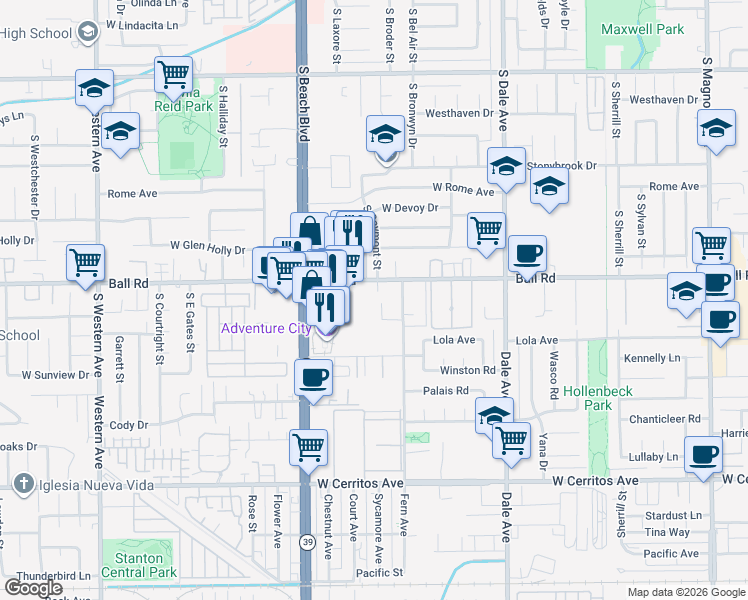 map of restaurants, bars, coffee shops, grocery stores, and more near 1219 South Gaymont Street in Anaheim