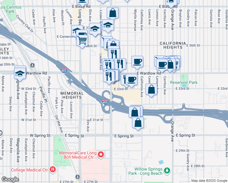 map of restaurants, bars, coffee shops, grocery stores, and more near 3302 Atlantic Avenue in Long Beach