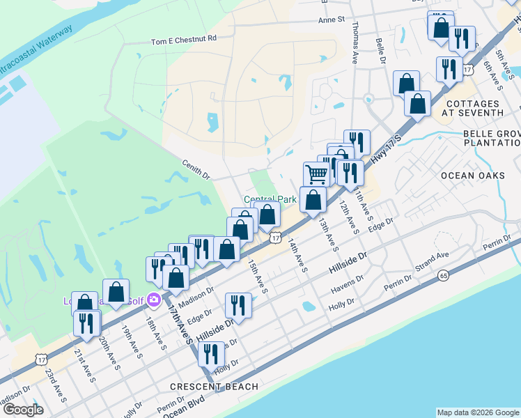 map of restaurants, bars, coffee shops, grocery stores, and more near 1400 Outrigger Road in North Myrtle Beach