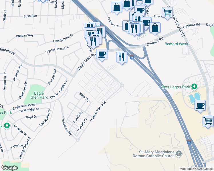 map of restaurants, bars, coffee shops, grocery stores, and more near 4052 Summer Way in Corona