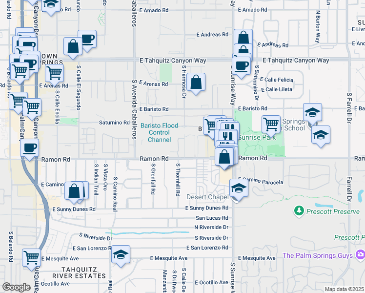 map of restaurants, bars, coffee shops, grocery stores, and more near 1268 Ramon Road in Palm Springs