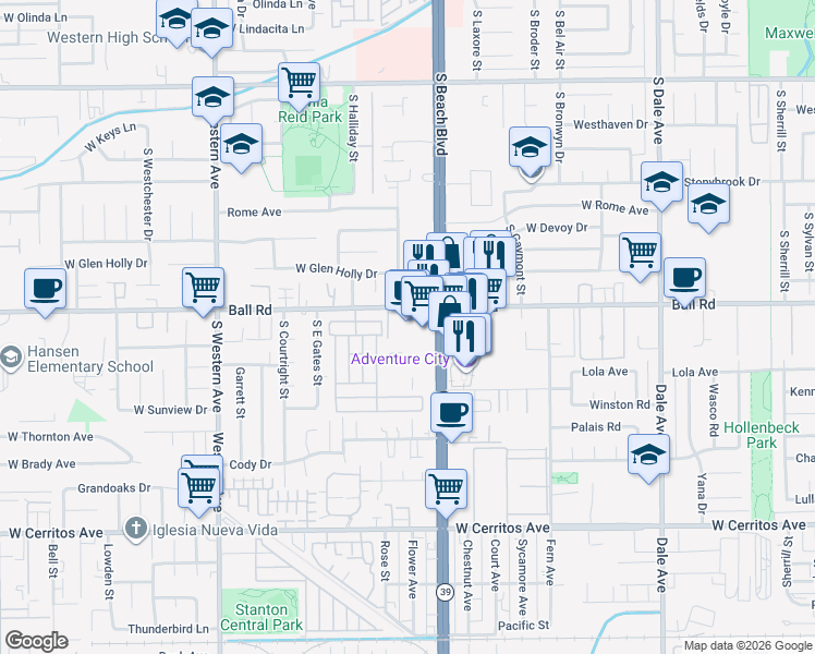 map of restaurants, bars, coffee shops, grocery stores, and more near 3024 West Ball Road in Anaheim