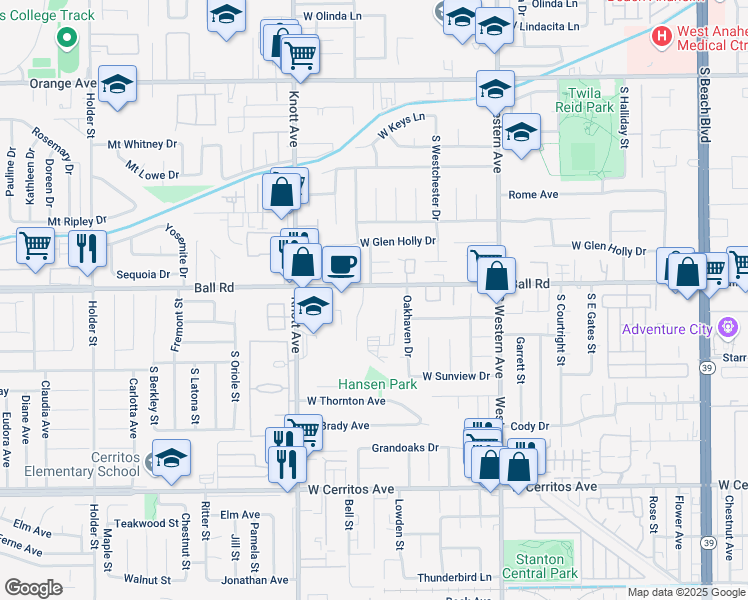 map of restaurants, bars, coffee shops, grocery stores, and more near 929 Westvale Drive in Anaheim