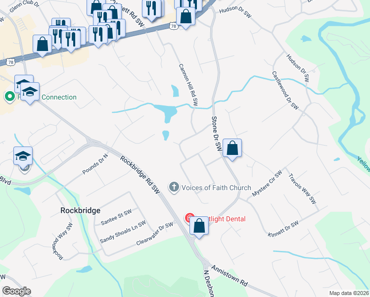map of restaurants, bars, coffee shops, grocery stores, and more near 5051 Stones Crossing Drive Southwest in Lilburn