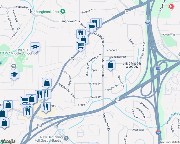 map of restaurants, bars, coffee shops, grocery stores, and more near 3092 Piper Drive in Decatur