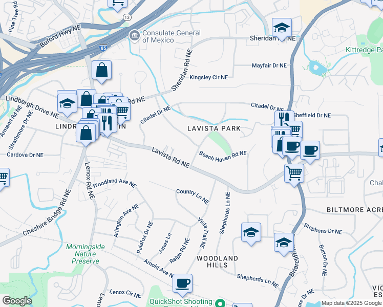 map of restaurants, bars, coffee shops, grocery stores, and more near 1260 Brook Forest Drive Northeast in Atlanta