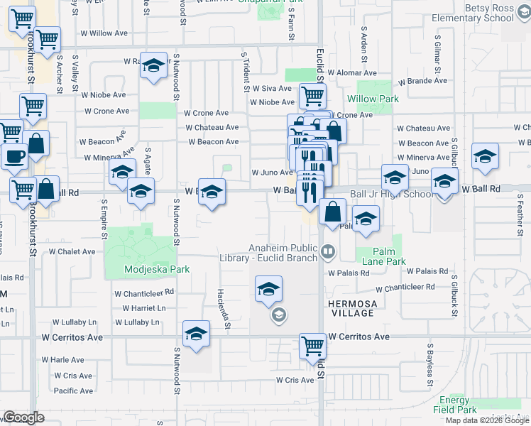 map of restaurants, bars, coffee shops, grocery stores, and more near 1769 Colonial Avenue in Anaheim