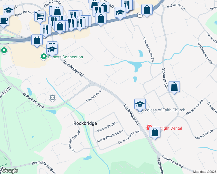 map of restaurants, bars, coffee shops, grocery stores, and more near 2299 Lexington Avenue Southwest in Stone Mountain