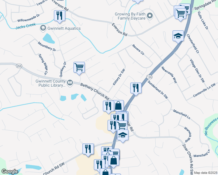 map of restaurants, bars, coffee shops, grocery stores, and more near 3325 Emden Court Southwest in Snellville