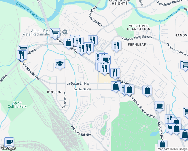 map of restaurants, bars, coffee shops, grocery stores, and more near 2284 Marietta Boulevard Northwest in Atlanta