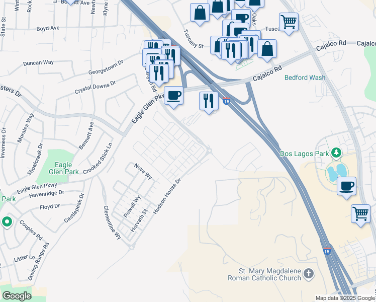 map of restaurants, bars, coffee shops, grocery stores, and more near 2584 Sprout Lane in Corona