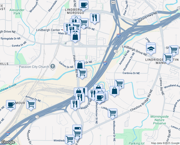 map of restaurants, bars, coffee shops, grocery stores, and more near 100 Lakeshore Drive Northeast in Atlanta