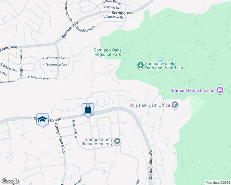 map of restaurants, bars, coffee shops, grocery stores, and more near 7332 East Grovewood Lane in Orange