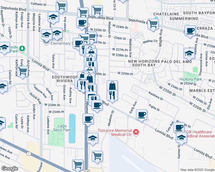 map of restaurants, bars, coffee shops, grocery stores, and more near 23105 Madison Street in Torrance