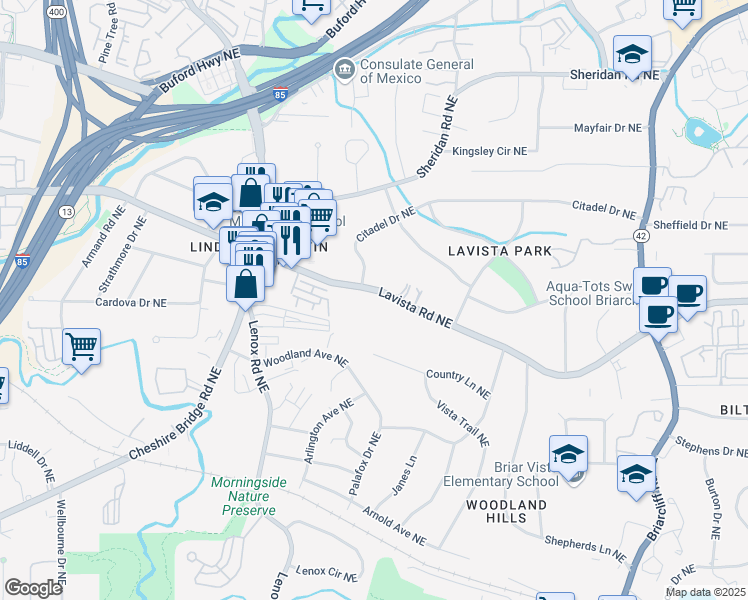 map of restaurants, bars, coffee shops, grocery stores, and more near 1315 Lavista Road Northeast in Atlanta