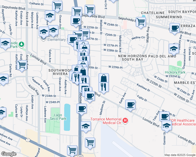 map of restaurants, bars, coffee shops, grocery stores, and more near 23105 Madison Street in Torrance