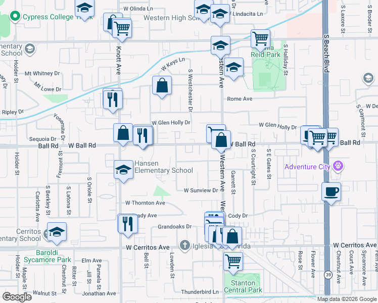 map of restaurants, bars, coffee shops, grocery stores, and more near 1225 Cabernet Circle in Anaheim