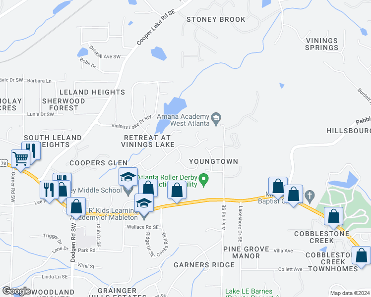 map of restaurants, bars, coffee shops, grocery stores, and more near 5743 Vinings Retreat Way Southwest in Mableton