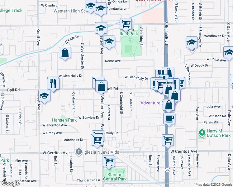 map of restaurants, bars, coffee shops, grocery stores, and more near 3136 West Ball Road in Anaheim