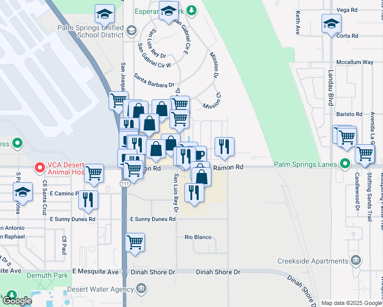 map of restaurants, bars, coffee shops, grocery stores, and more near 55 Lakeview Circle in Cathedral City