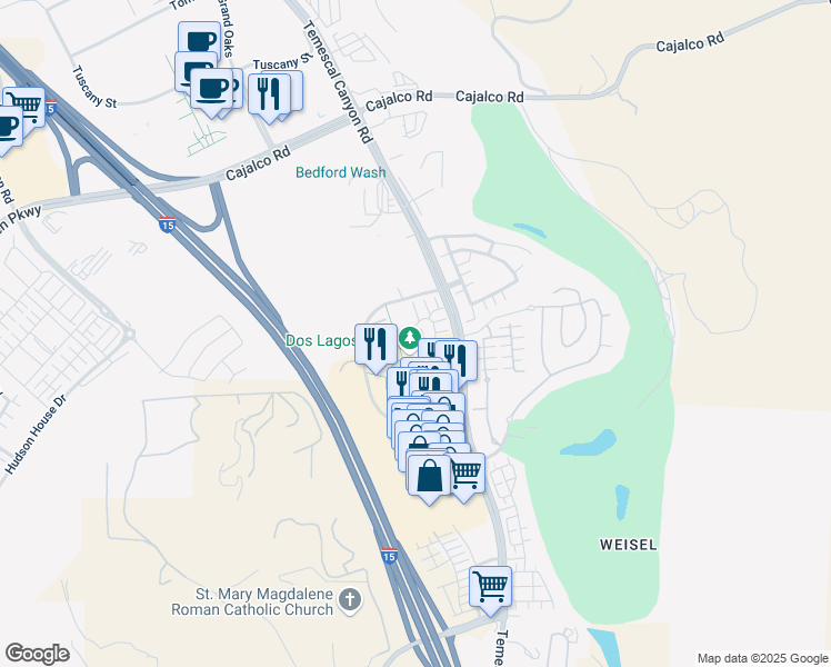 map of restaurants, bars, coffee shops, grocery stores, and more near 2736 Blue Springs Drive in Corona
