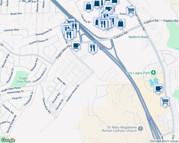 map of restaurants, bars, coffee shops, grocery stores, and more near Corona Freeway in Corona