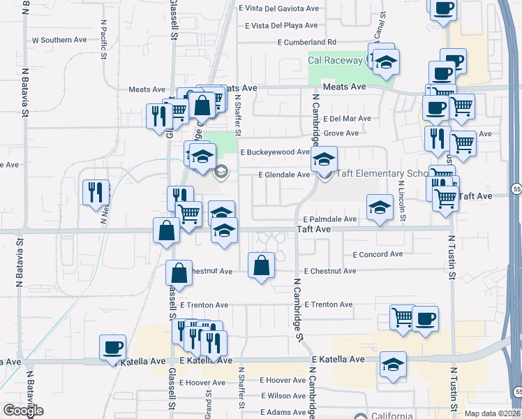 map of restaurants, bars, coffee shops, grocery stores, and more near 1792 North Winlock Street in Orange