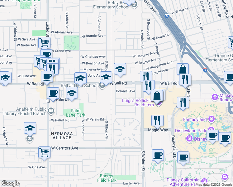 map of restaurants, bars, coffee shops, grocery stores, and more near 1417 Colonial Avenue in Anaheim