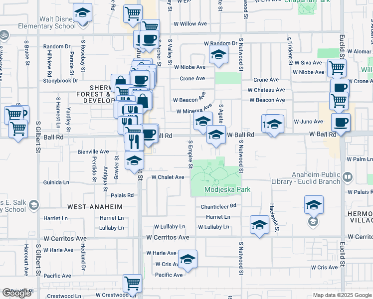 map of restaurants, bars, coffee shops, grocery stores, and more near 2114 West Ball Road in Anaheim