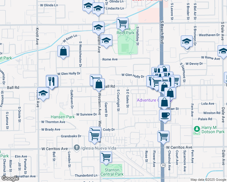 map of restaurants, bars, coffee shops, grocery stores, and more near 3083 West Ball Road in Anaheim