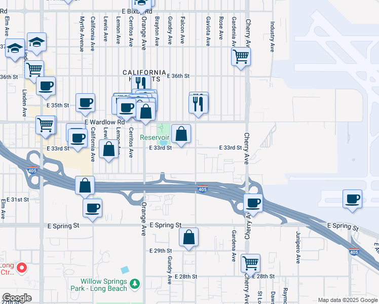 map of restaurants, bars, coffee shops, grocery stores, and more near 3316 Falcon Avenue in Signal Hill